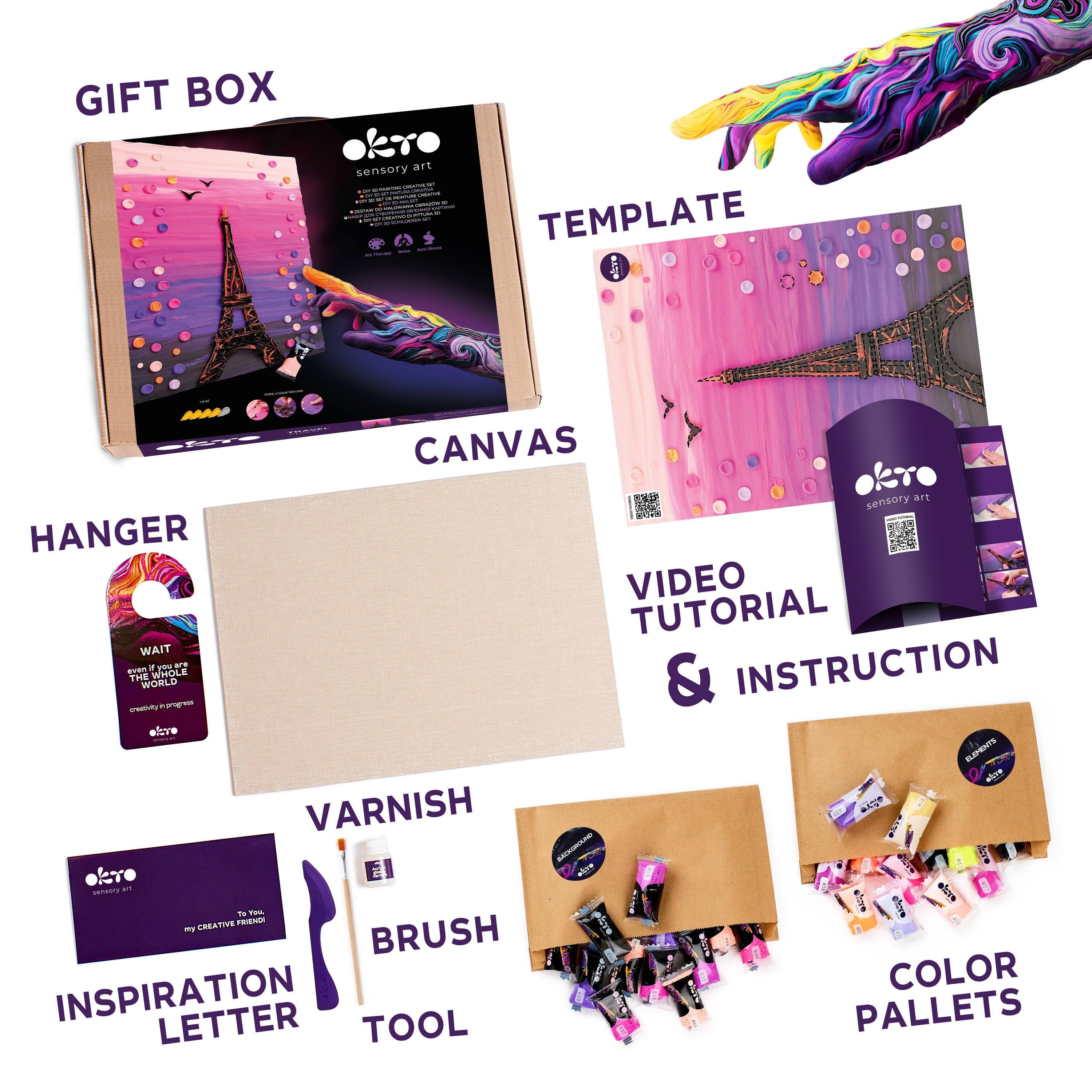 GIFT BOX  
TEMPLATE  
CANVAS  
HANGER  
VIDEO TUTORIAL & INSTRUCTION  
VARNISH  
BRUSH  
INSPIRATION LETTER  
COLOR PALLETS
