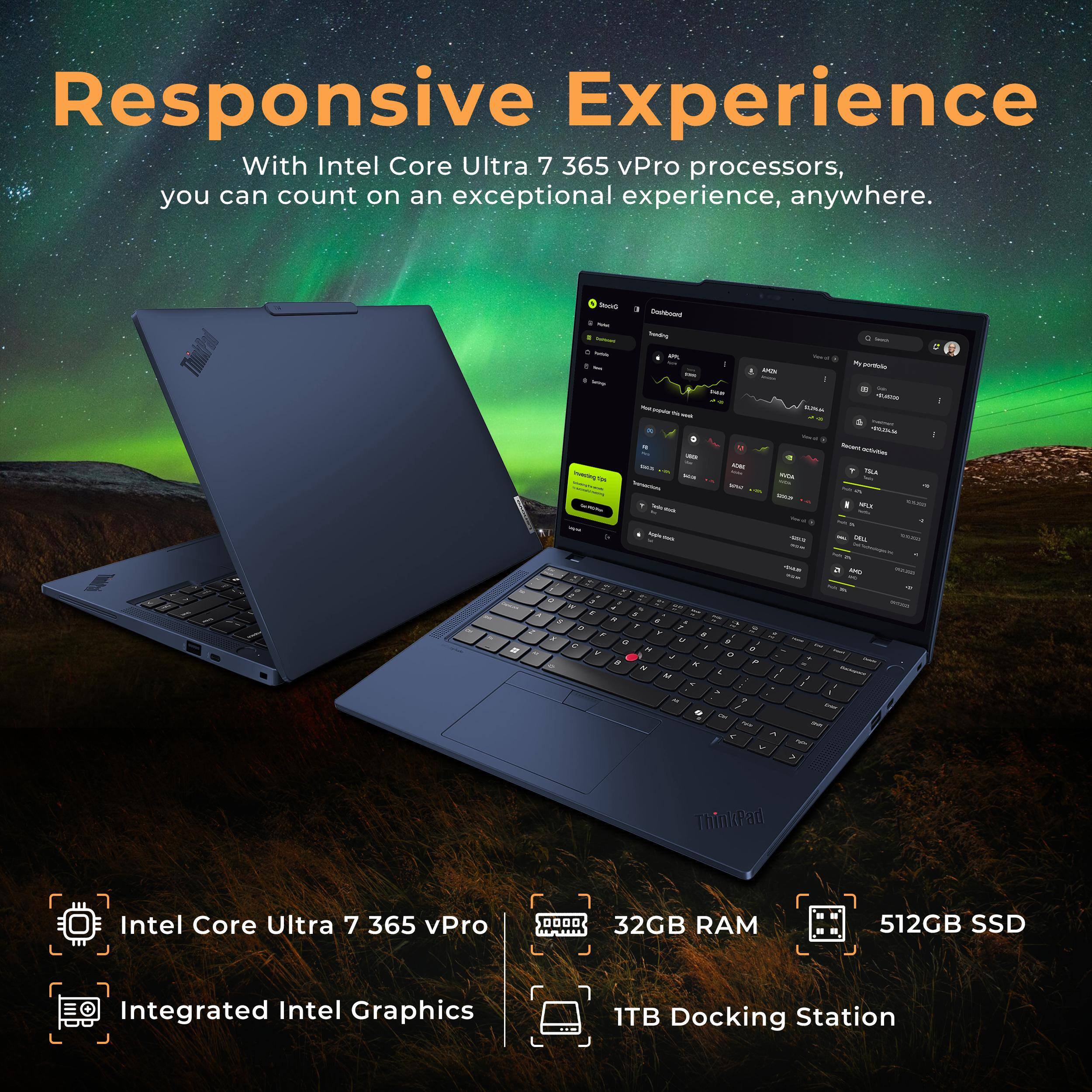 Responsive Experience With Intel Core Ultra 7 365 vPro processors, you can count on an exceptional experience, anywhere.

Intel Core Ultra 7 365 vPro
32GB RAM
512GB SSD
Integrated Intel Graphics
1TB Docking Station