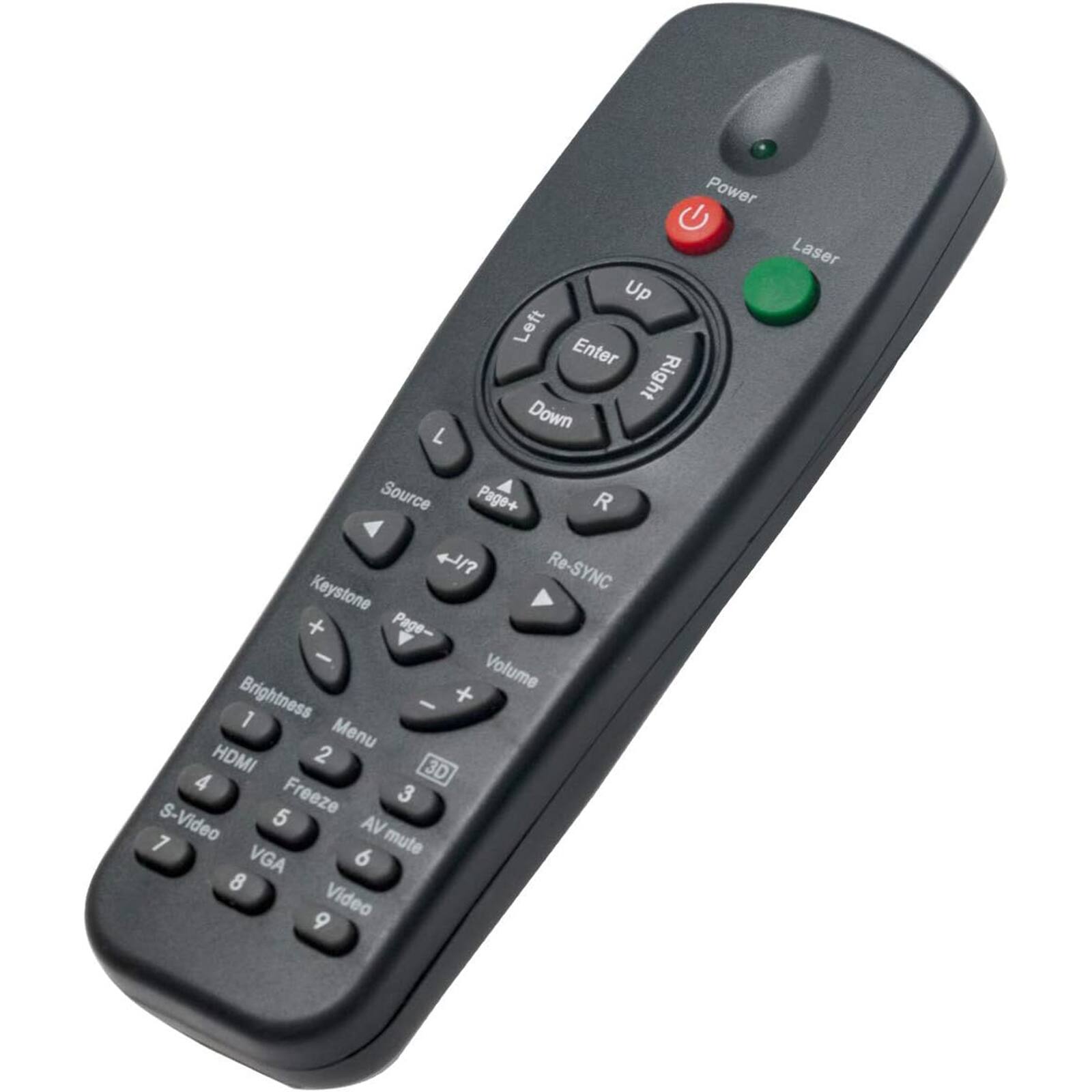 Power Laser Up Left Enter Right Down L Source Page+ R /? Re-SYNC Keystone + Page- V Volume Brightness - + 1 Menu HDMI 2 4 3D Freeze 3 Video 5 VA 7 6 mute VGA 8 Video 9