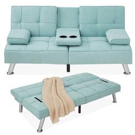Best Choice Products - Modern Linen Convertible Futon Sofa Bed w/ Removable Armrests, Metal Legs, Cupholders - Aqua