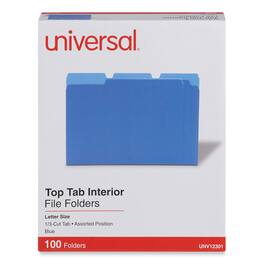 Universal - Interior File Folders, 1/3-Cut Tabs: Assorted, Letter Size, 11-pt Stock, Blue, 100/Box