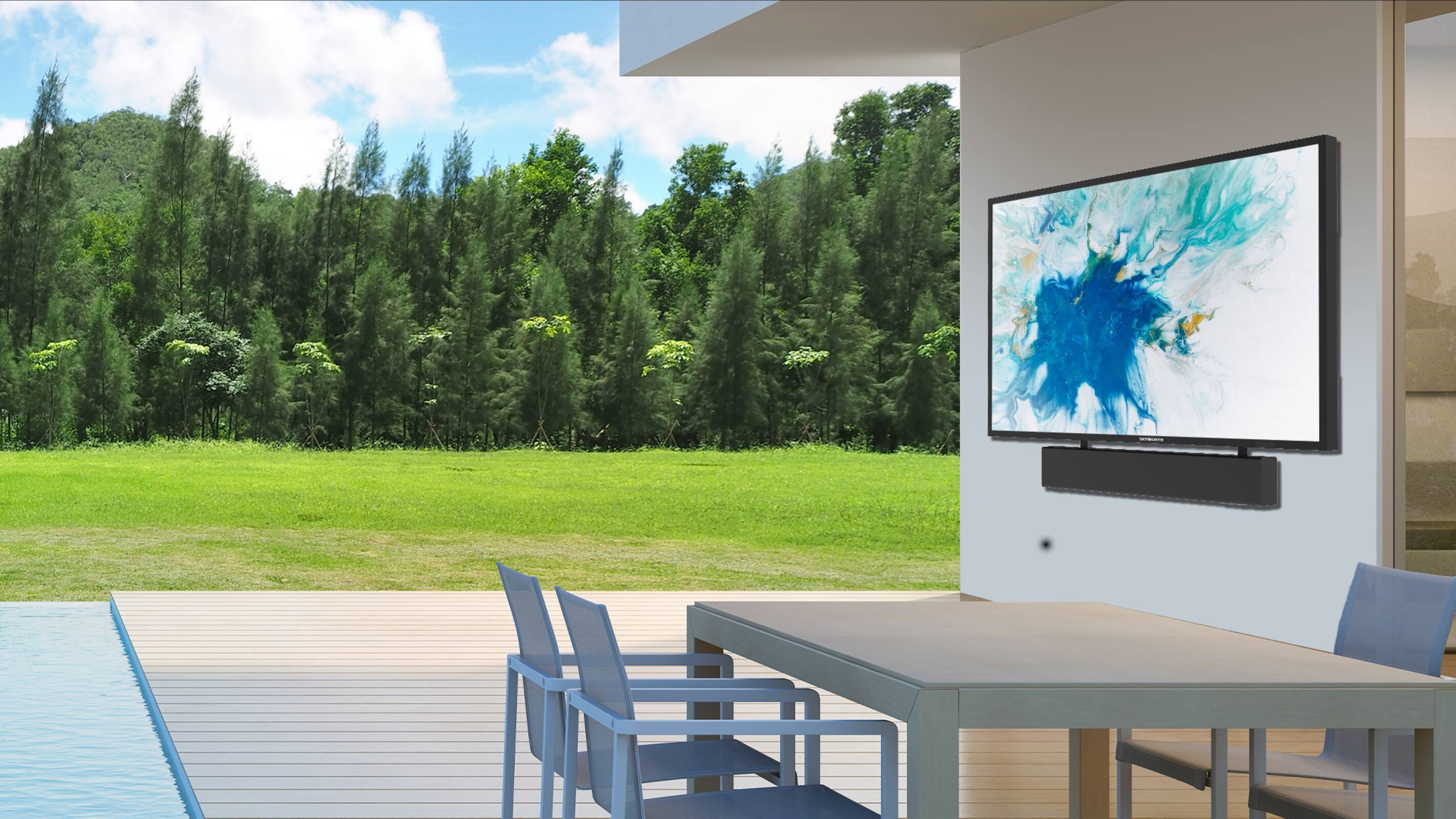 Alt View 1. SKYWORTH - Skyworth Clarus 55" Partial Sun Outdoor TV with an 80 Watt Built In Soundbar, 1200 Nits, and IP55 Waterproof Rating.