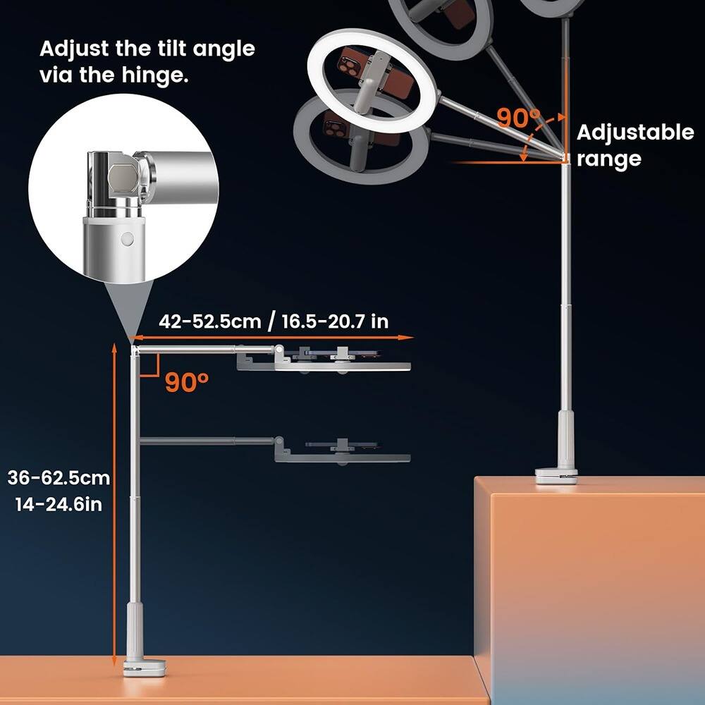 Adjust the tilt angle via the hinge.

Adjustable range

42-52.5cm / 16.5-20.7 in

36-62.5cm / 14-24.6 in