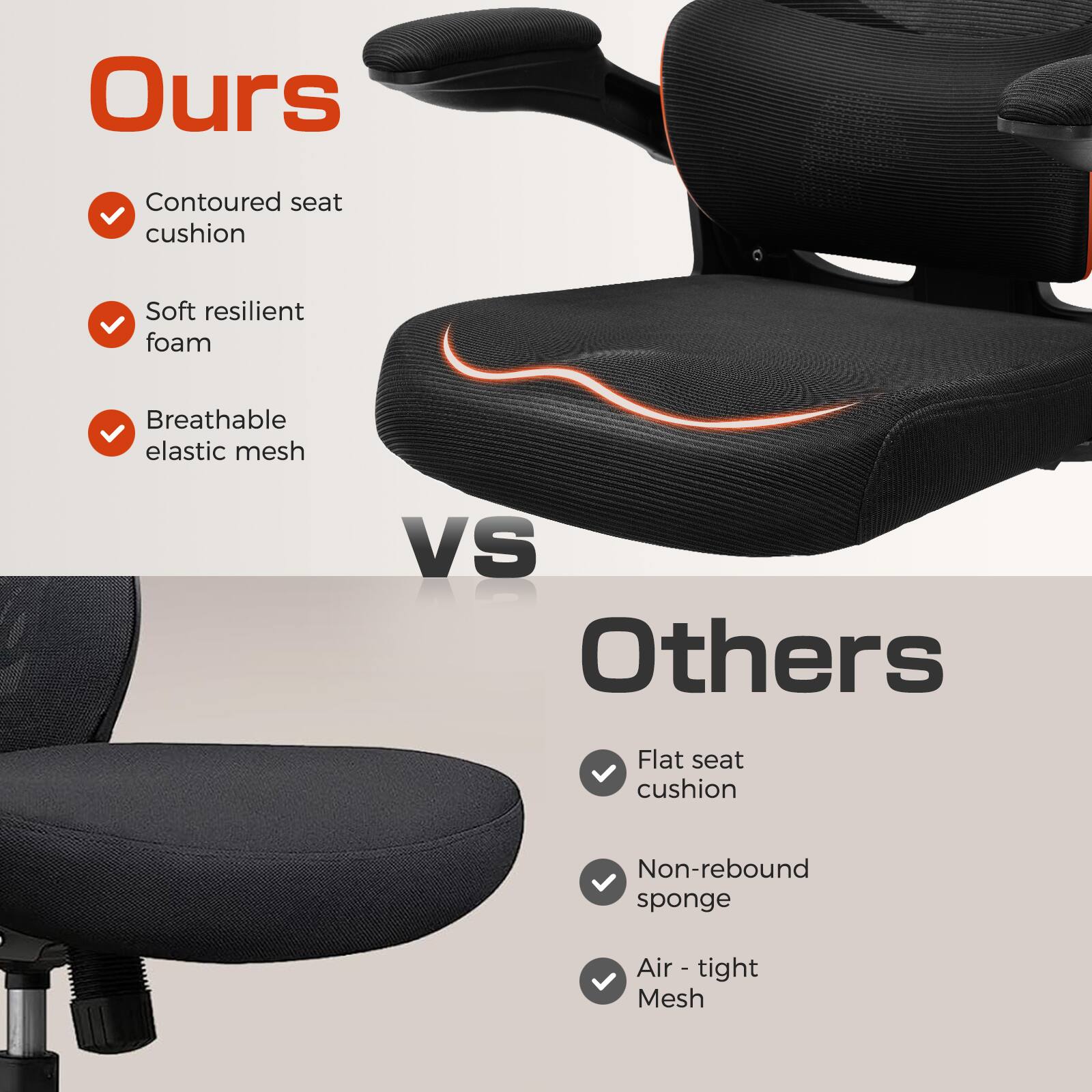 Ours: Contoured seat cushion, Soft resilient foam, Breathable elastic mesh

Others: Flat seat cushion, Non-rebound sponge, Air-tight mesh