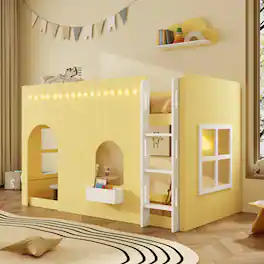 Whisen - Kids Loft Bed with LED Light String,Cottage-Style Play House Bed with Guardrails - Yellow