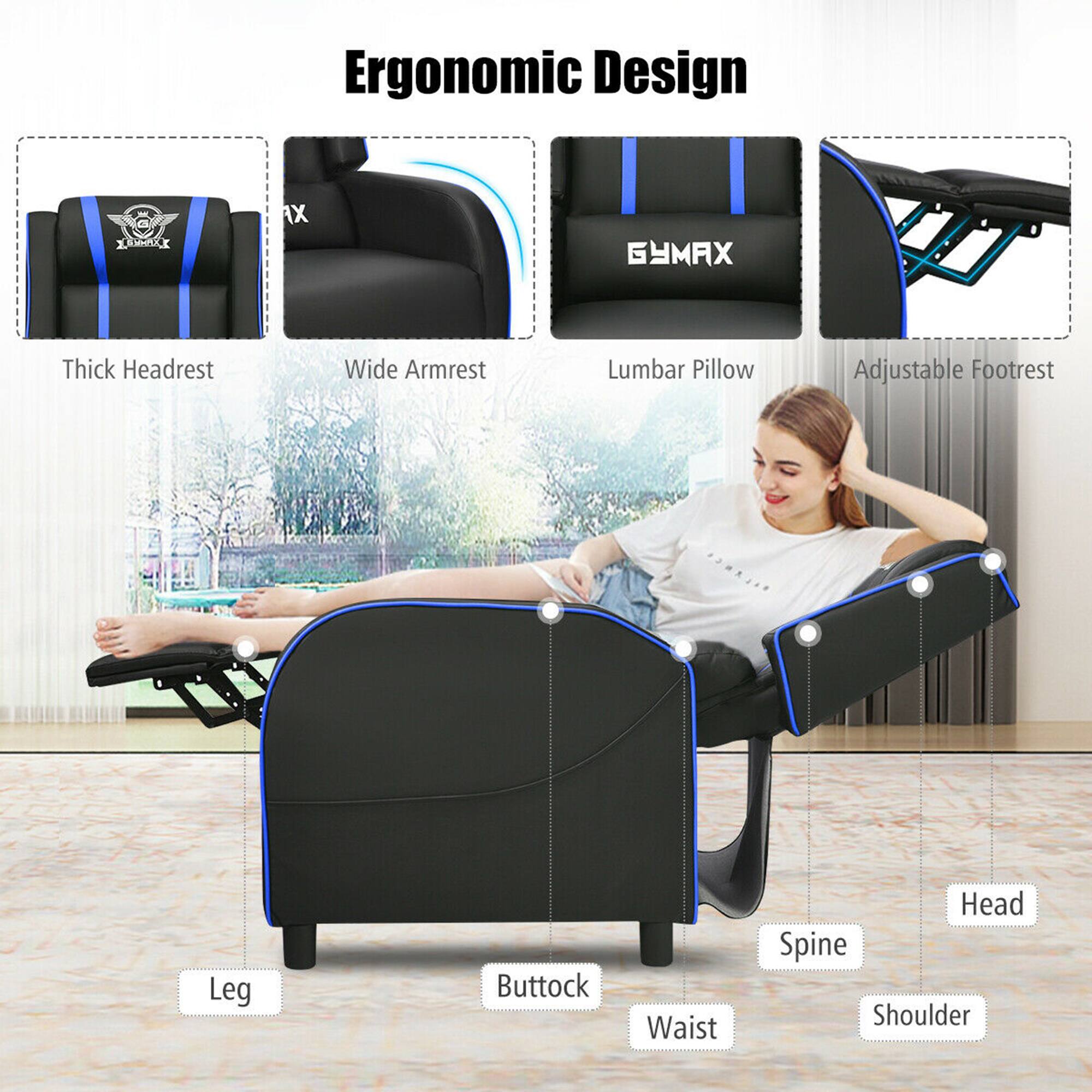 Ergonomic Design

- Thick Headrest
- Wide Armrest
- Lumbar Pillow
- Adjustable Footrest

- Leg
- Buttock
- Waist
- Spine
- Shoulder
- Head