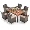 Front. Costway - 7 Pieces Outdoor Wicker Dining Set with Acacia Wood Table and 6 Armchairs - Mix Gray,Beige.