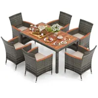 Costway - 7 Pieces Outdoor Wicker Dining Set with Acacia Wood Table and 6 Armchairs - Mix Gray,Beige - Front_Zoom