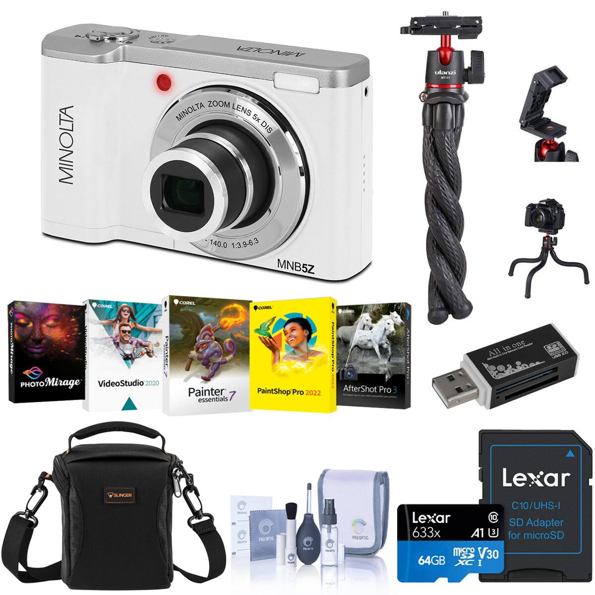 MINOLTA  
MINOLTA ZOOM MINOLTA LENS 5x DIS 140.0 1:3.9-6.3 MNB5Z  

ulanzi are  
COREL alator... PHOTOMirage VideoStudio 2020  
COREL Painter 7 essentials  
COREL PaintShop Pro 2022  
AfterShot Pro  
in one All  
SUNGER  
RESPIC NEW  
PRODUC  
-  
BOOK  
PROPOR  
PRO OPTIC  
Lexar C10/UHS-I Lexar 10 SD Adapter 633x A1 for microSD 5 V30 64GB XC I