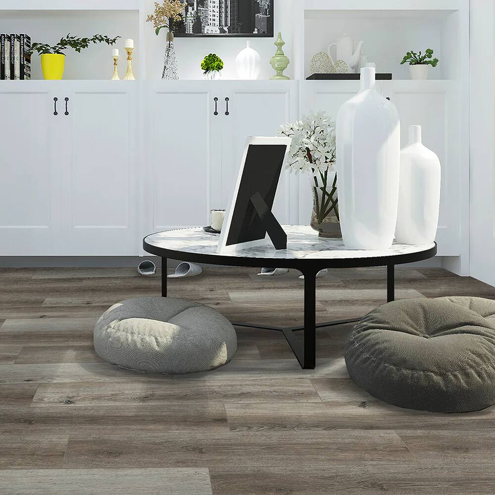 Angle. Dotfloor - 48"x7.2" SPC Composite Flooring; 10 Planks/Box (23.9 sq. ft/Box); 6mm Thick with 1mm IXPE Backing; 20 mil Wear Layer; - Smoked Hickory.