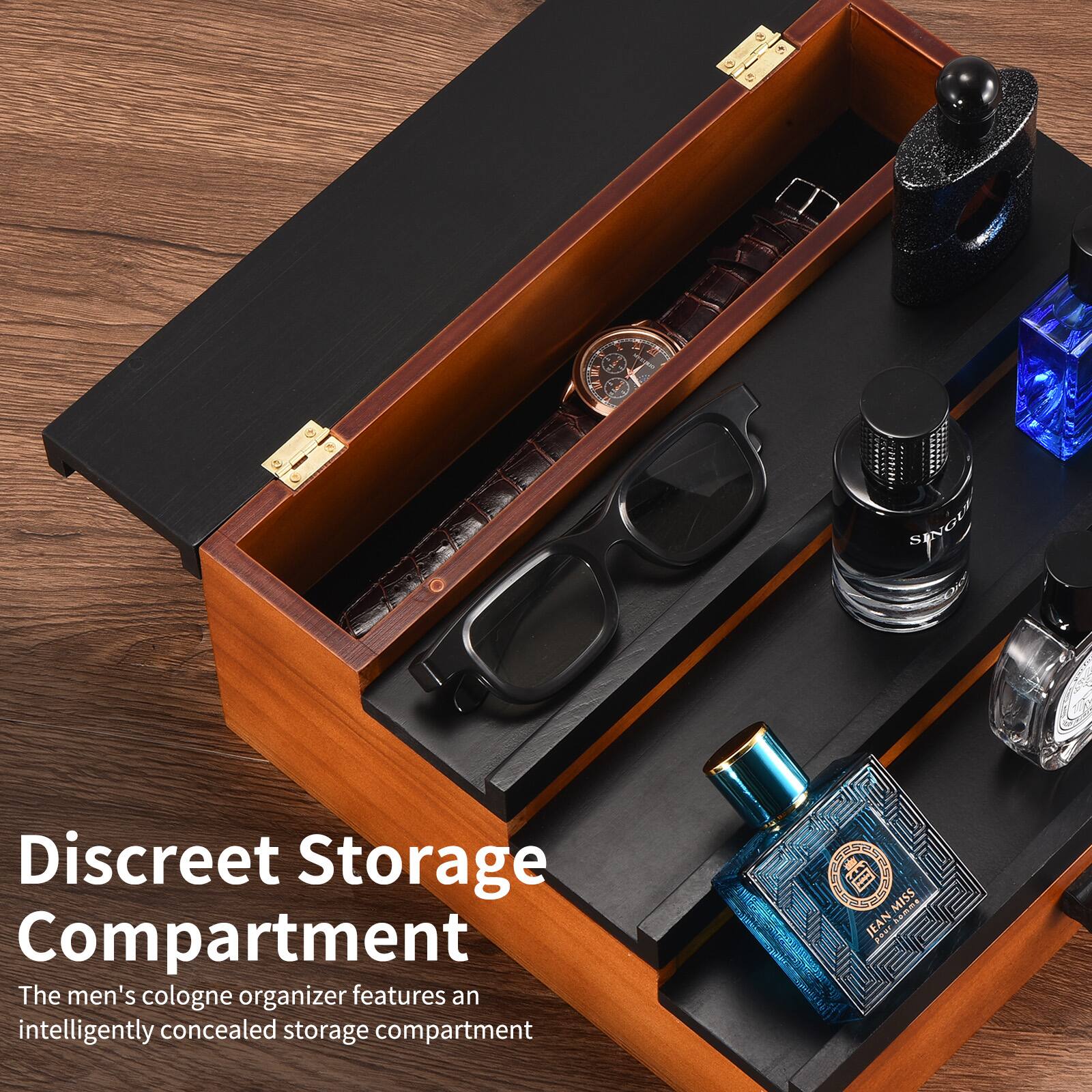 Discreet Storage Compartment

The men's cologne organizer features an intelligently concealed storage compartment.