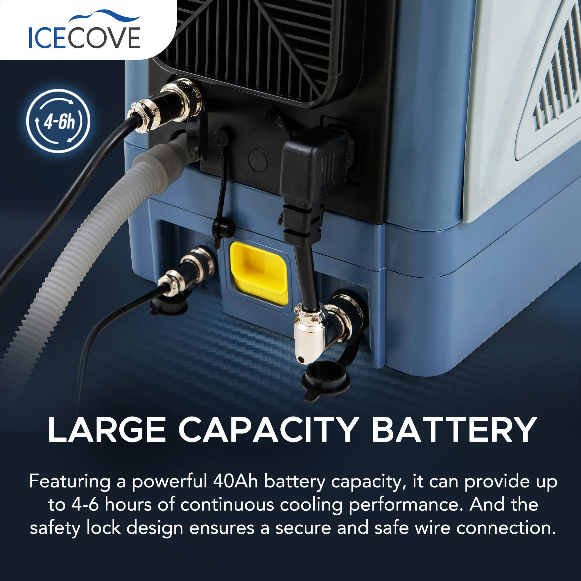 ICECOVE 4-6h W LARGE CAPACITY BATTERY

Featuring a powerful 40Ah battery capacity, it can provide up to 4-6 hours of continuous cooling performance. And the safety lock design ensures a secure and safe wire connection.