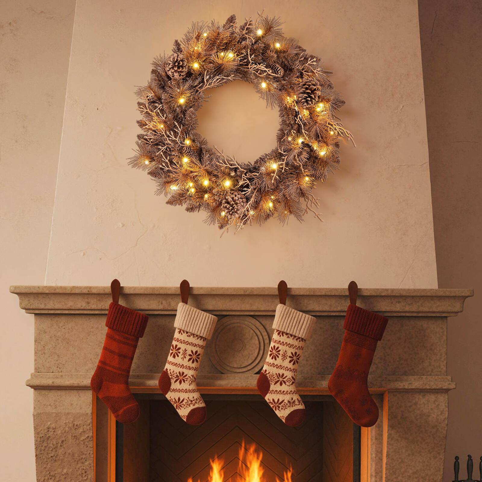 Alt View 3. Gymax - Gymax Set of 2 24'' Pre-lit Christmas Wreath Front Door Artificial Xmas Wreath w/105 Branch Tips Brown - Brown.