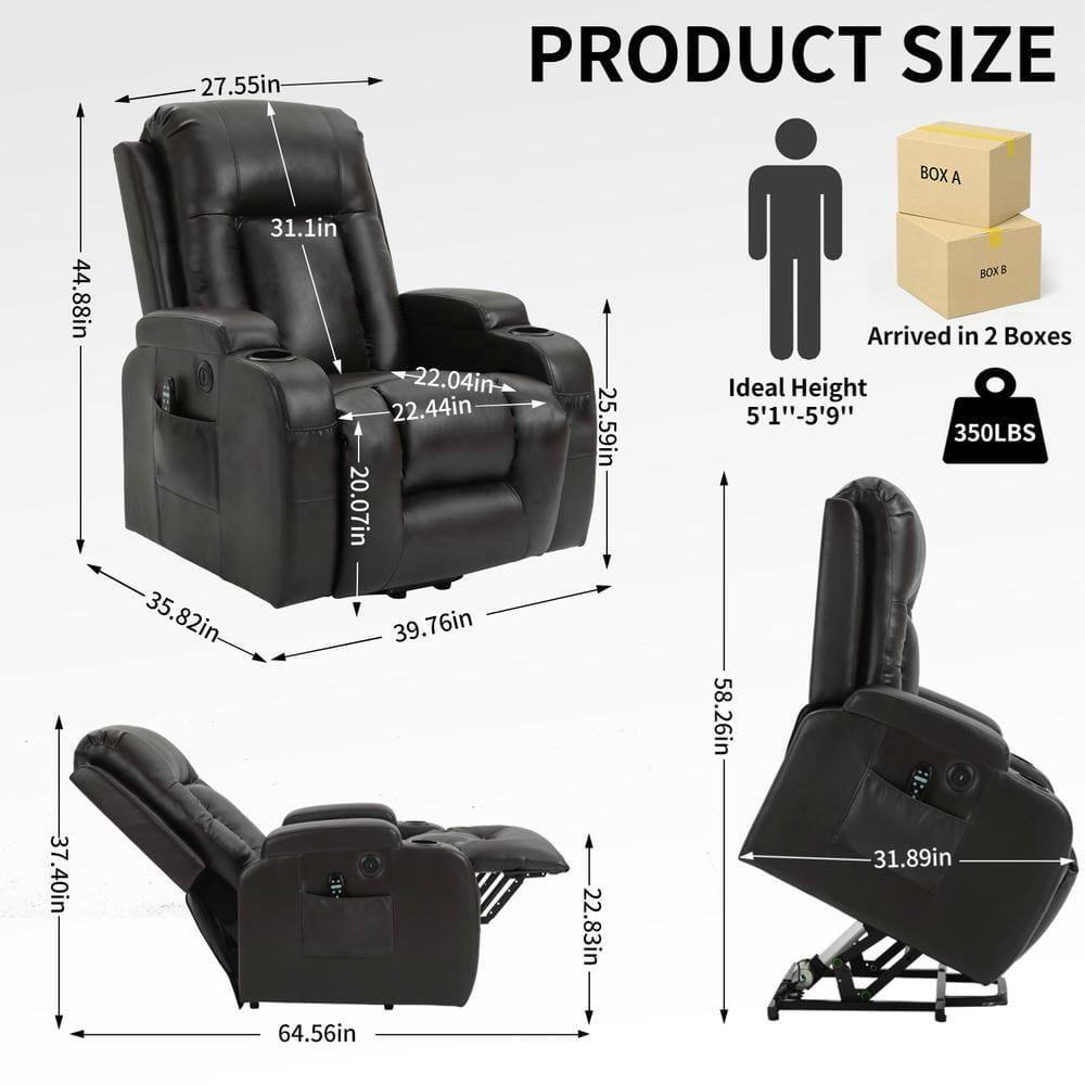 **PRODUCT SIZE**

- **Upright Position:**
  - Width: 35.82in
  - Depth: 39.76in
  - Height: 44.88in
  - Seat Height: 20.07in
  - Back Height: 31.1in
  - Armrest Height: 22.44in
  - Armrest Width: 22.04in
  - Overall Height: 58.26in

- **Reclined Position:**
  - Width: 64.56in
  - Depth: 37.40in
  - Height: 31.89in
  - Seat Height: 22.83in
  - Armrest Height: 22.83in

- **Ideal Height:** 5'1" - 5'9"
- **Weight Capacity:** 350LBS

**Arrived in 2 Boxes**

- **Box A:** 27.55in (Width) x 35.82in (Depth) x 25.59in (