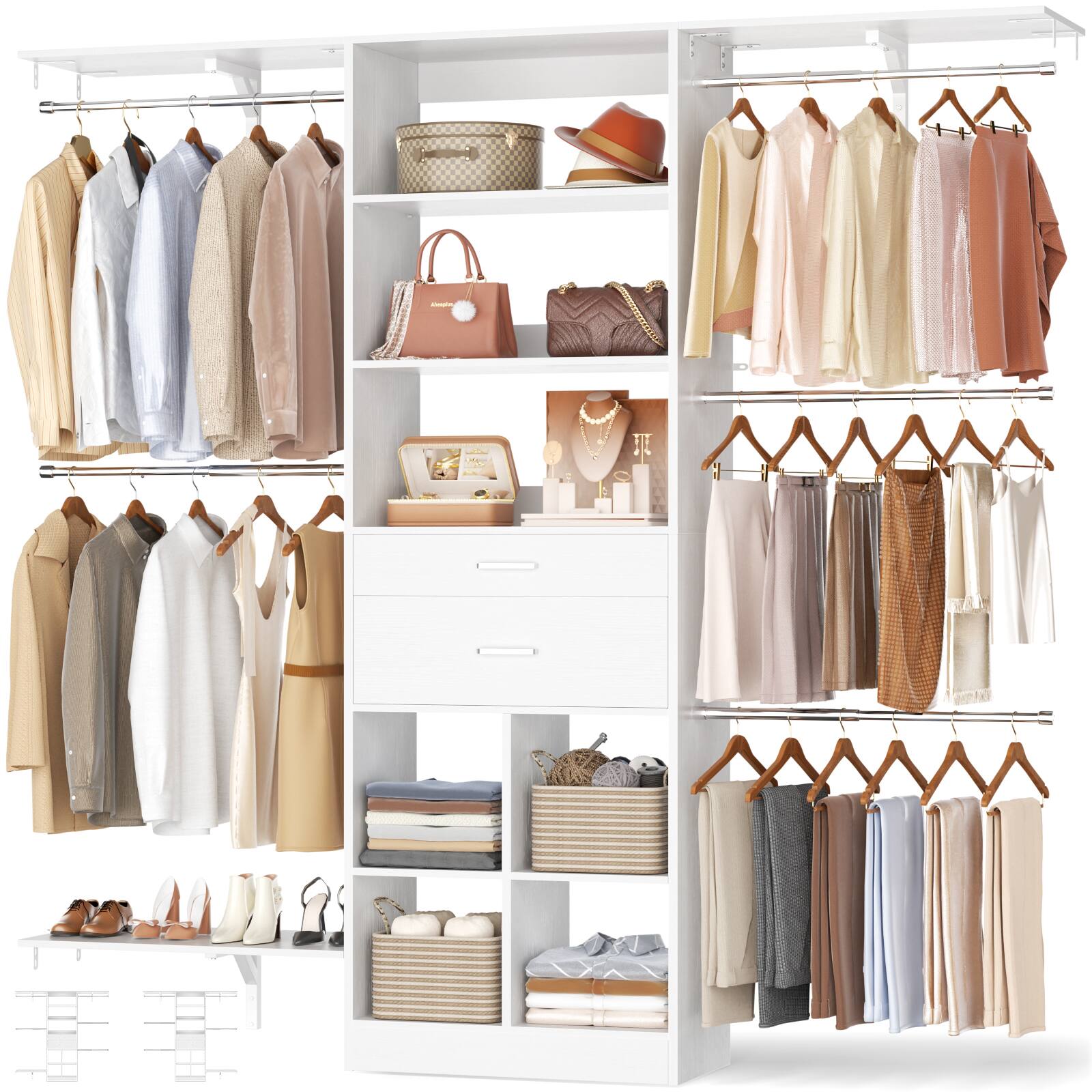 Alt View 5. Aheaplus - 5FT Wall Mounted Closet Organizer System with 2 Drawers, 3 Shelf Towers, and 5 Hanging Rods, Adjustable - White.