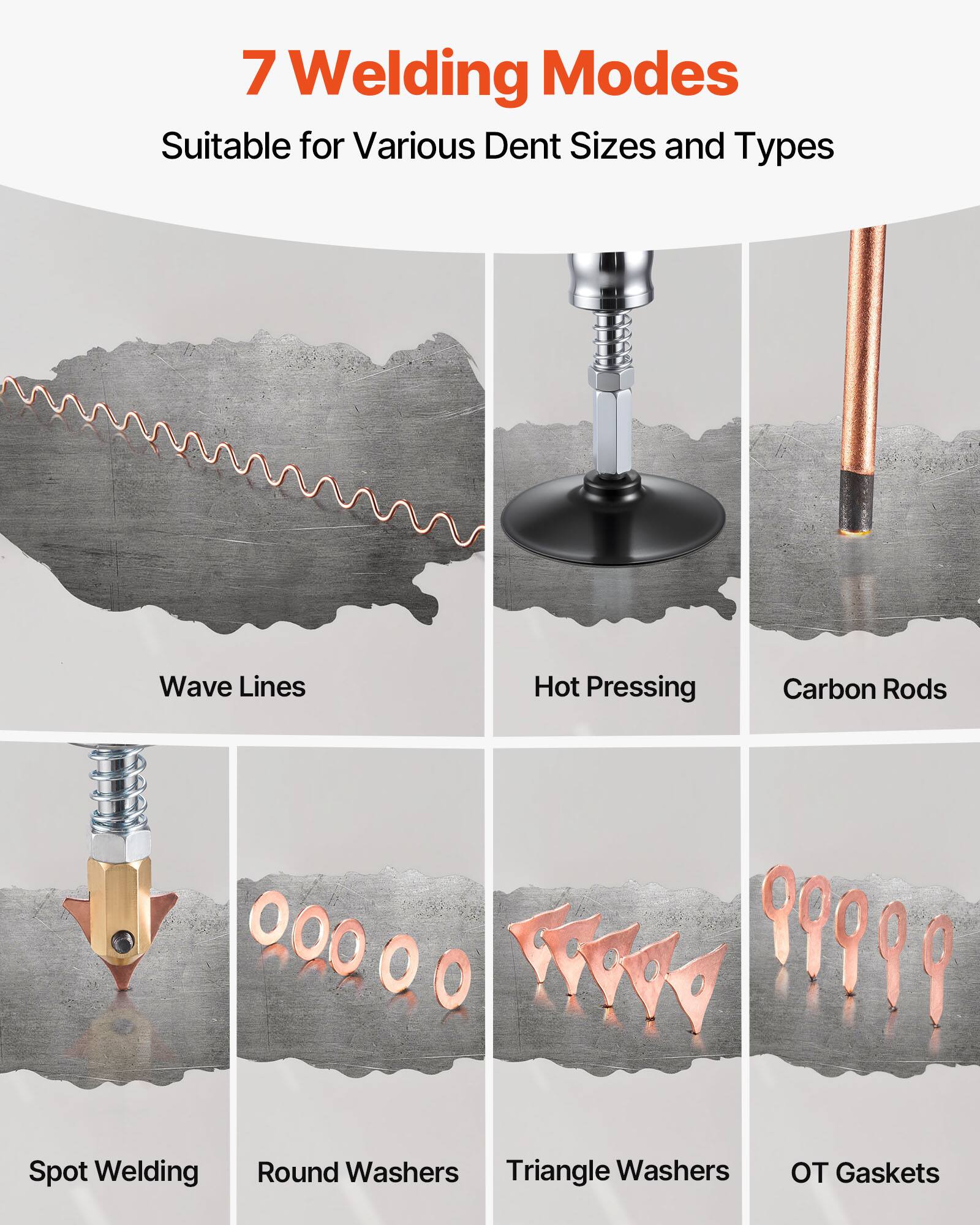 7 Welding Modes Suitable for Various Dent Sizes and Types

- Wave Lines
- Hot Pressing
- Carbon Rods
- Spot Welding
- Round Washers
- Triangle Washers
- OT Gaskets