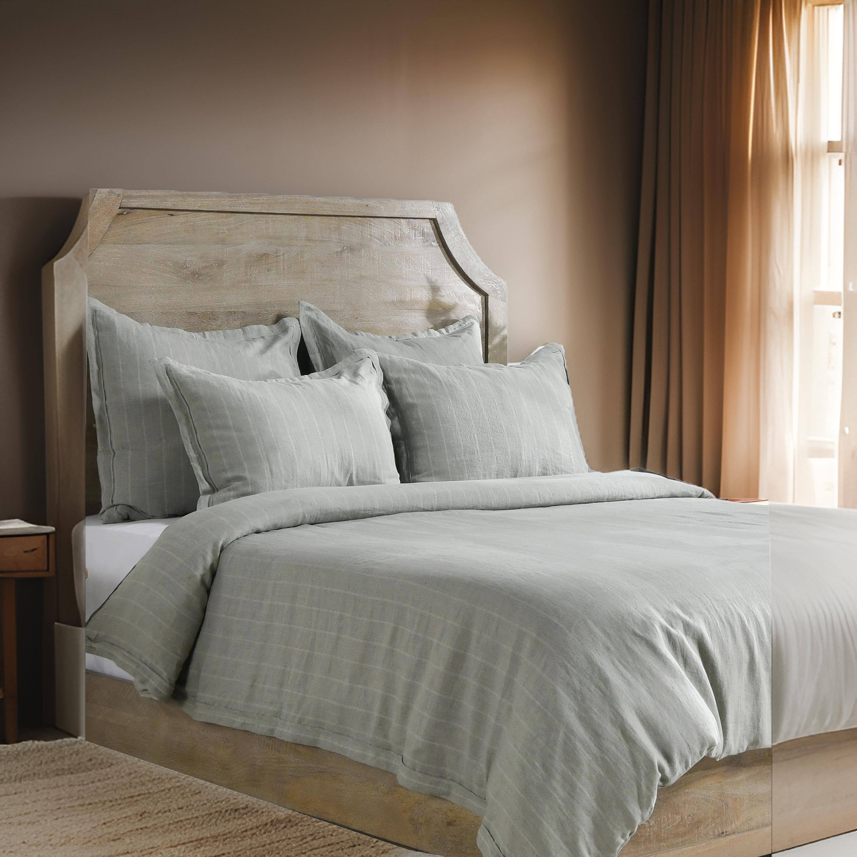 Alt View 2. Manhattan Lane - Tara Queen Size Duvet Cover, Stripe Design, Sage  Belgian Flax Linen - Green.