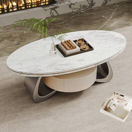 MSOOB - 47.2'' Modern Sintered Stone Coffee Table With Oval Luxury Top, Stainless Steel Base And Storage Drawer For Living Room - White