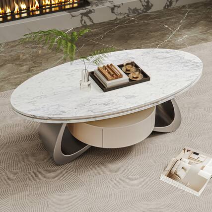 Front. MSOOB - 47.2'' Modern Sintered Stone Coffee Table With Oval Luxury Top, Stainless Steel Base And Storage Drawer For Living Room - White.