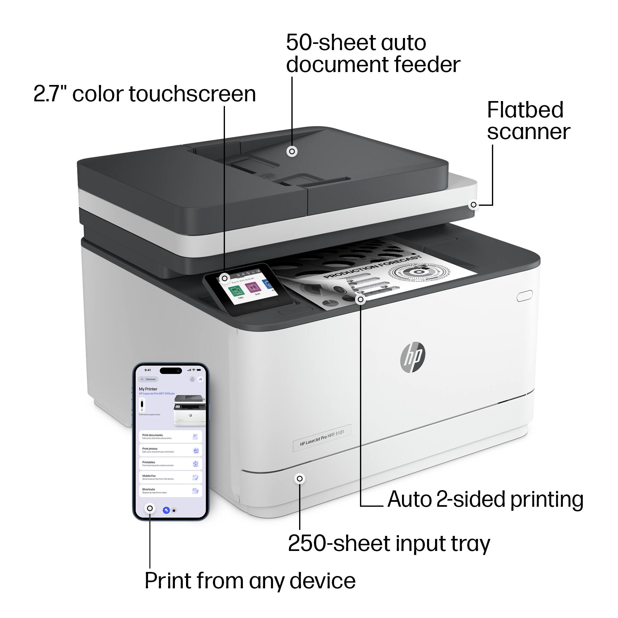 - 50-sheet auto document feeder
- 2.7" color touchscreen
- Flatbed scanner
- Auto 2-sided printing
- 250-sheet input tray
- Print from any device