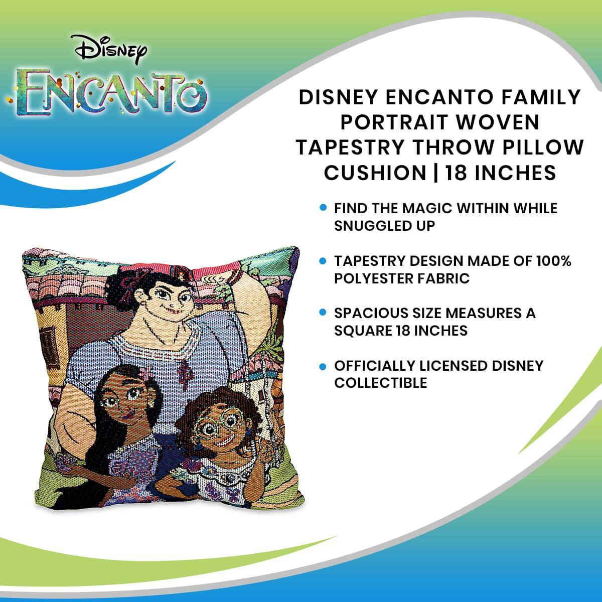 Disney Encanto Family Portrait Woven Tapestry Throw Pillow Cushion | 18 Inches

- Find the magic within while snuggled up
- Tapestry design made of 100% polyester fabric
- Spacious size measures a square 18 inches
- Officially licensed Disney collectible