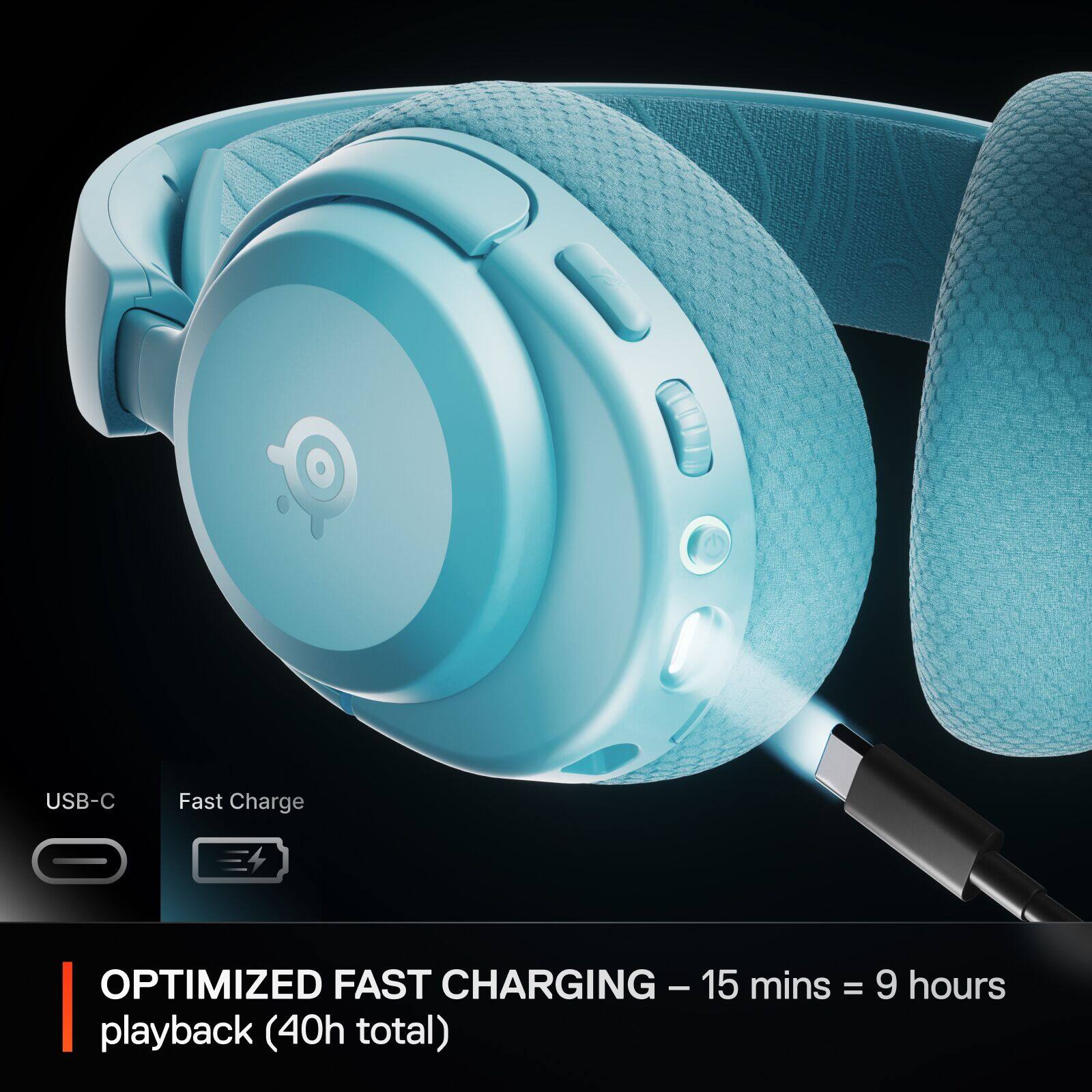 The text on the image reads: "USB-C Fast Charge OPTIMIZED FAST CHARGING - 1 - 15 mins = playback (40h total) 9 hours." This text is describing the fast charging capabilities of a headset, specifically that it can charge a device in 15 minutes and provide 9 hours of playback time. The text also indicates that this headset is optimized for fast charging, making it a convenient and efficient choice for users.