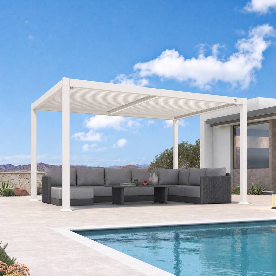 Alt View 1. PURPLE LEAF - Louvered Pergola with LED Strip Lights Outdoor White Aluminum Hardtop Gazebo with Adjustable Roof for Patio Garden Yard - 10'×14'.