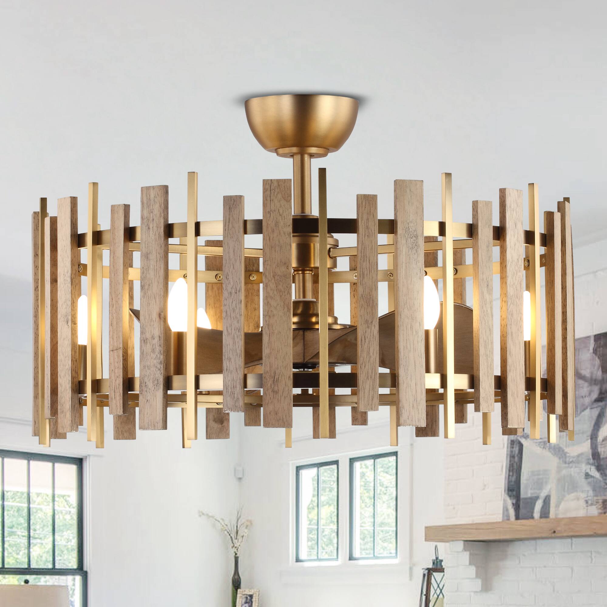 Front. Perimost - 30" Gold Farmhouse Handmade Wood Shade Fandelier Ceiling Fan with Remote and DC Reversible Motor - Gold.