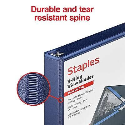 Durable and tear resistant spine

Staples 3-Ring Binder View Duty Standard

The perfect binder for your everyday needs. Easy to open and close. Fits more pages and keeps them flat. D-Rings keep pages fat and fits more.