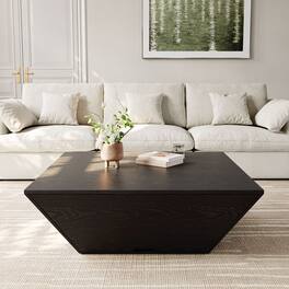 POVISON - 39" Fully Assembly Square Wood Coffee Table with Storage, Mid-Century Modern Trapezoid Coffee Table with 1 Drawer - Black