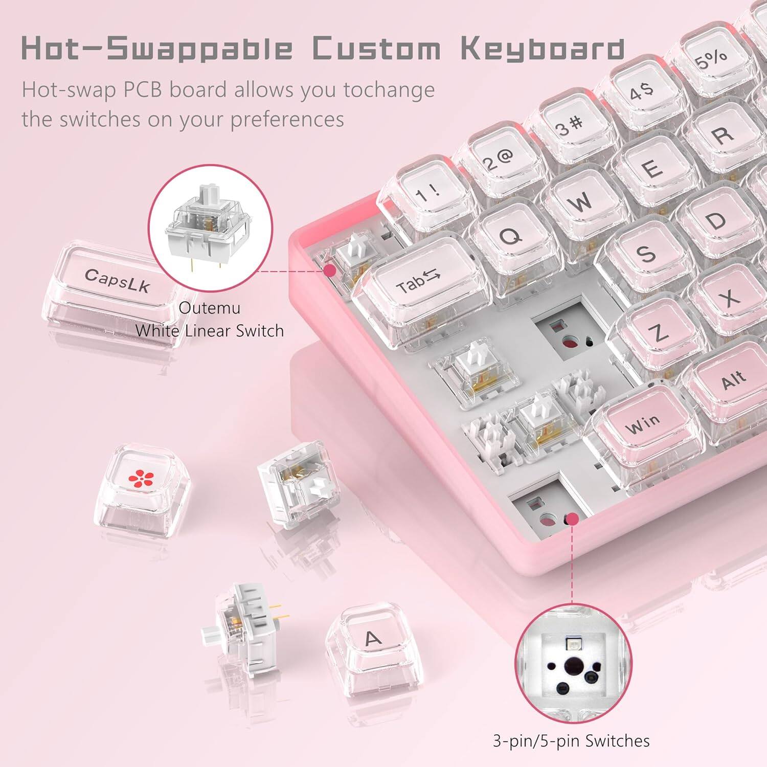 Hot-Swappable Custom Keyboard

Hot-swap PCB board allows you to change the switches on your preferences

- CapsLk
- Outemu White Linear Switch
- 3-pin/5-pin Switches