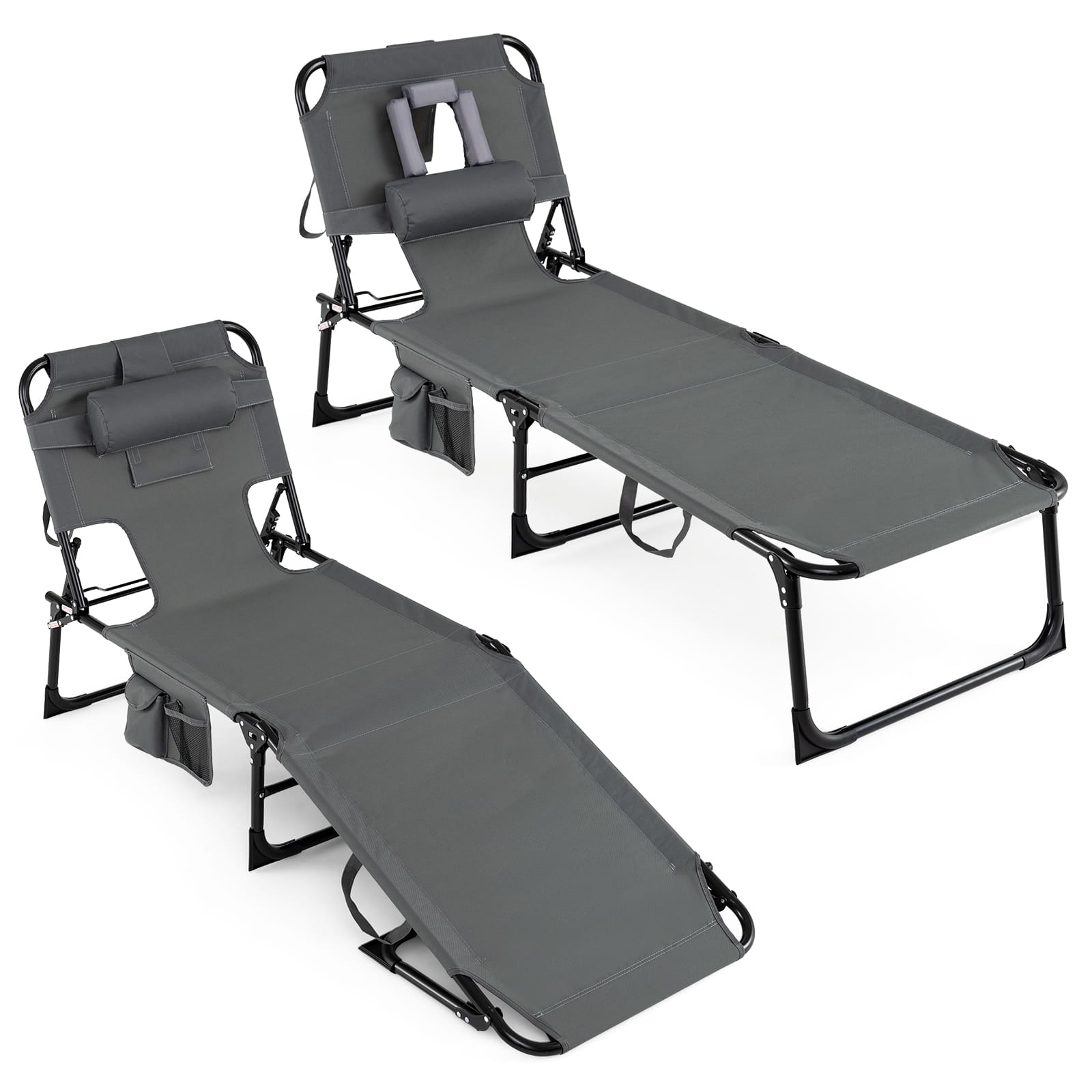 Gymax - 2PCS Tanning Chair Portable Chaise Lounge Chair w/4-Position Adjustable Backrest - Gray