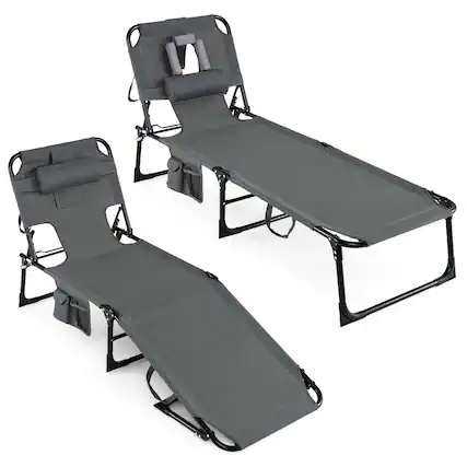 Front. Gymax - Gymax 2PCS Tanning Chair Portable Chaise Lounge Chair w/4-Position Adjustable Backrest - Grey.