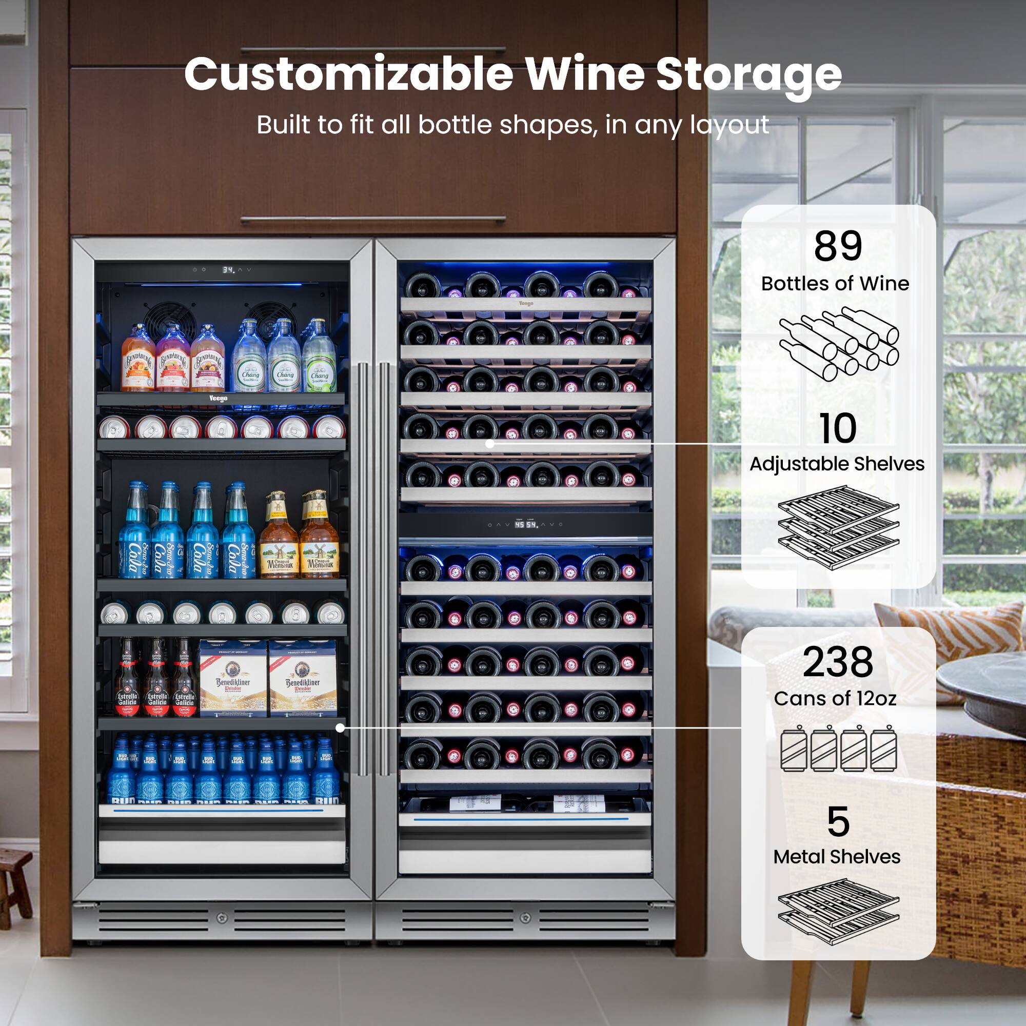 Customizable Wine Storage  
Built to fit all bottle shapes, in any layout  

89 Bottles of Wine  
10 Adjustable Shelves  
238 Cans of 12oz  
5 Metal Shelves