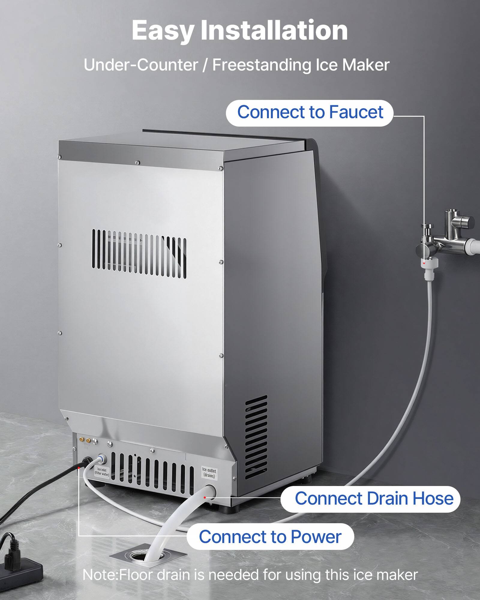 Easy Installation  
Under-Counter / Freestanding Ice Maker  
Connect to Faucet  
Connect Drain Hose  
Connect to Power  
Note: Floor drain is needed for using this ice maker