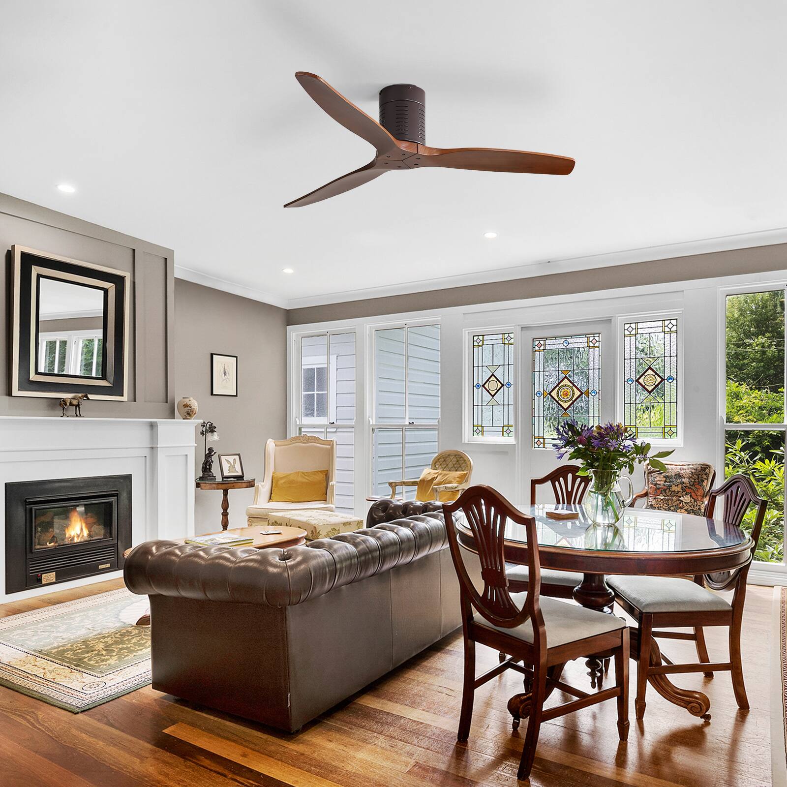 Alt View 5. Sofucor - 52 Inch Flush Mount Ceiling Fan with Remote Solid Wood Blade Outdoor Indoor Modern Fan No Light for Bedroom Farmhouse - Black.