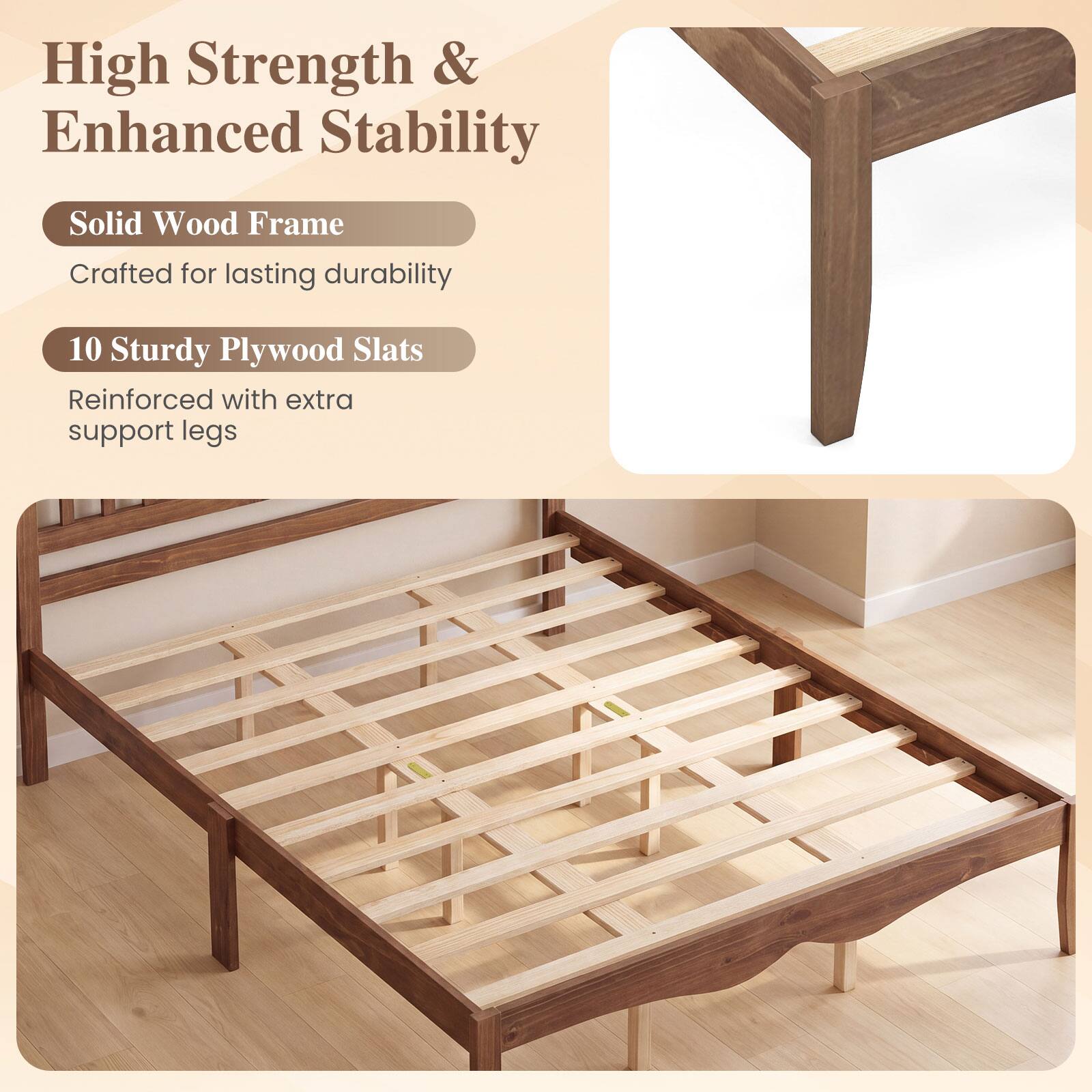 High Strength & Enhanced Stability

Solid Wood Frame
Crafted for lasting durability

10 Sturdy Plywood Slats
Reinforced with extra support legs