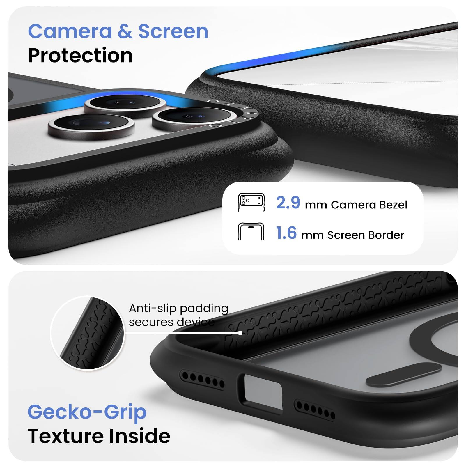 Camera & Screen Protection

2.9 mm Camera Bezel

1.6 mm Screen Border

Anti-slip padding secures device

Gecko-Grip Texture Inside