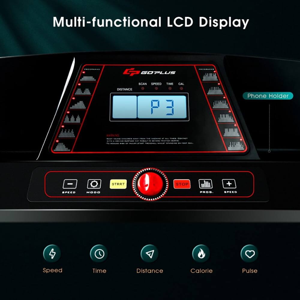 Multi-functional LCD Display

- SCAN
- SPEED
- TIME
- CAL
- DISTANCE
- P3
- Phone Holder

Buttons:
- START
- STOP
- SPEED
- MODE
- PROG.
- SPECO

Icons:
- Speed
- Time
- Distance
- Calorie
- Pulse