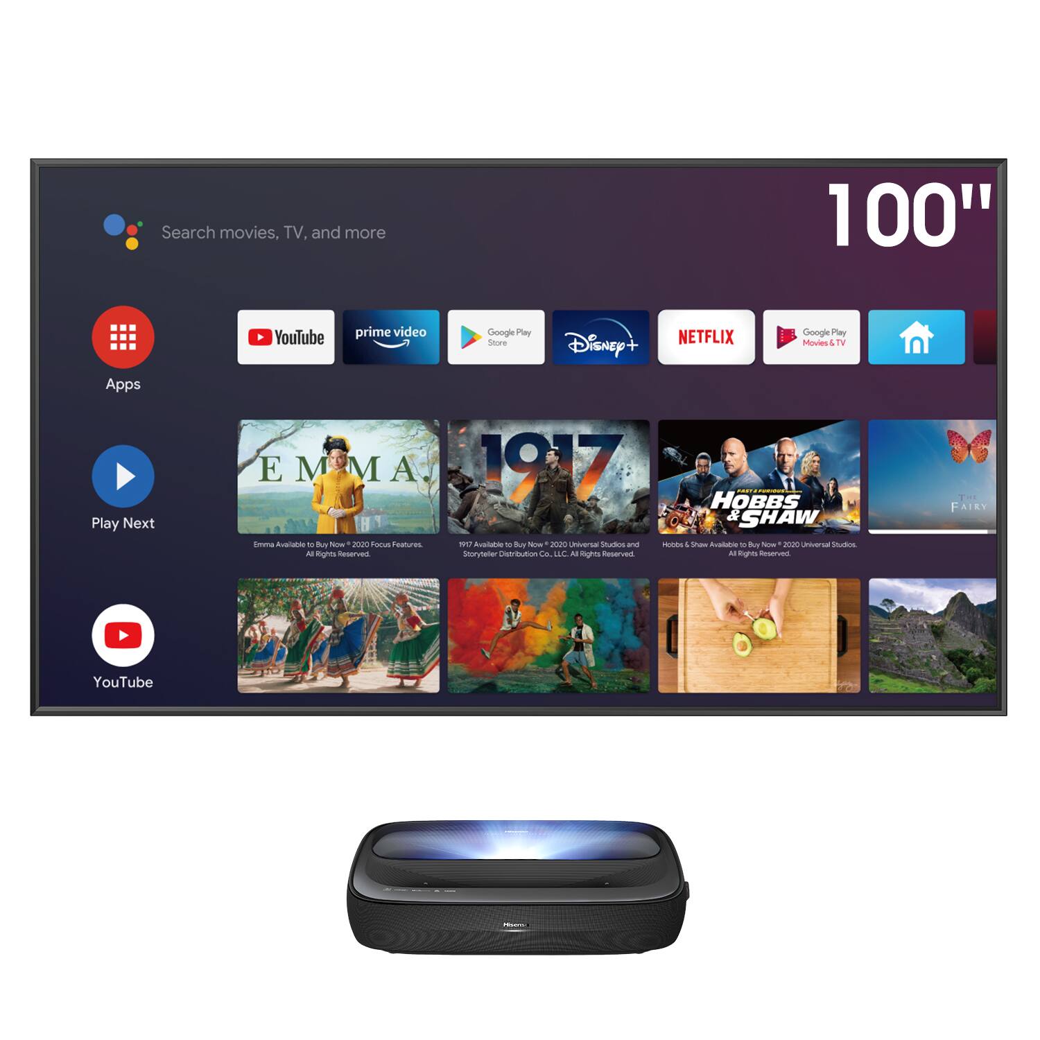 Angle. Hisense - L9G Laser TV Triple-Laser Ultra Short Throw Projector with 100" ALR Screen, 4K UHD, 3000  Lumens, HDR, Android TV - Black.