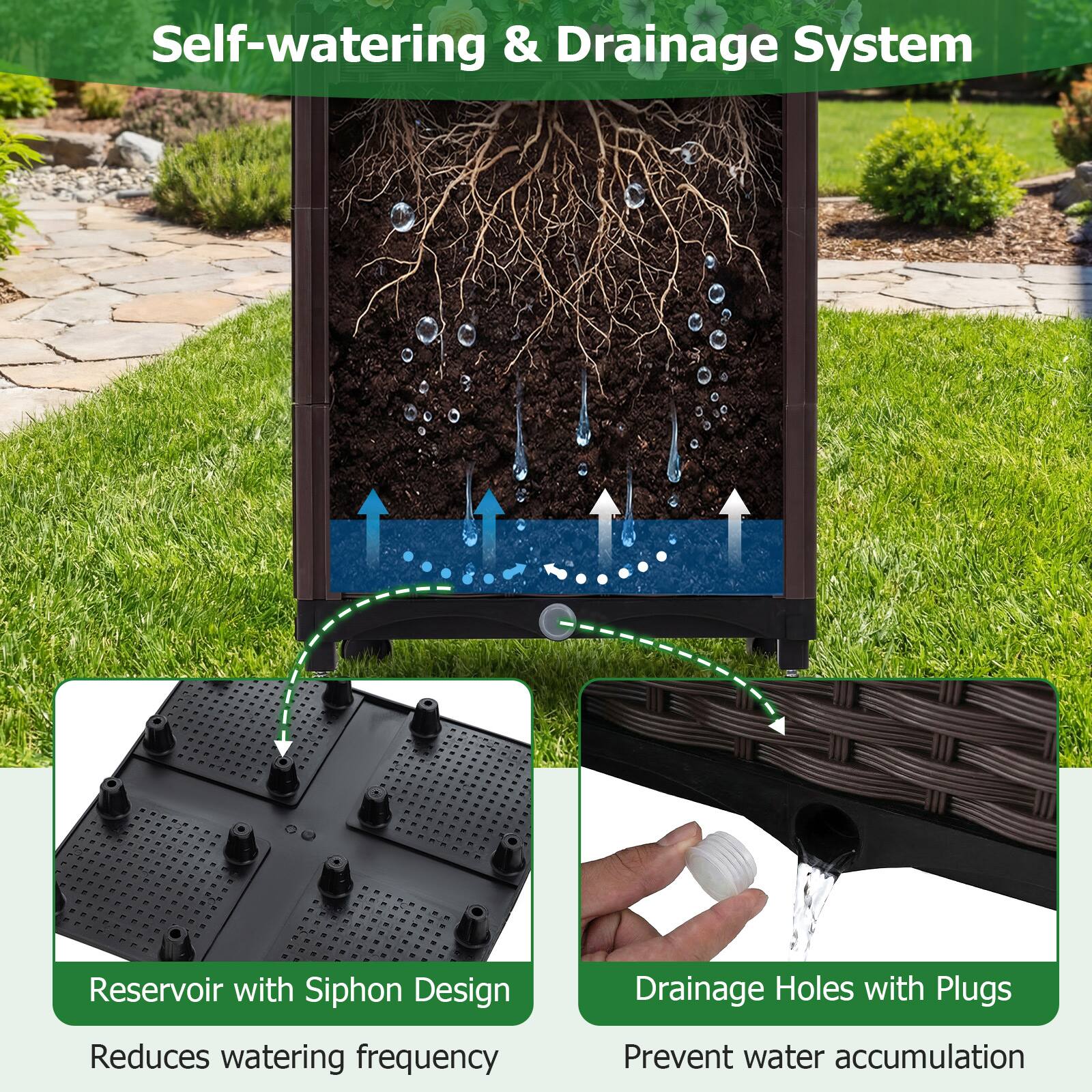 Self-watering & Drainage System

Reservoir with Siphon Design
Reduces watering frequency

Drainage Holes with Plugs
Prevent water accumulation