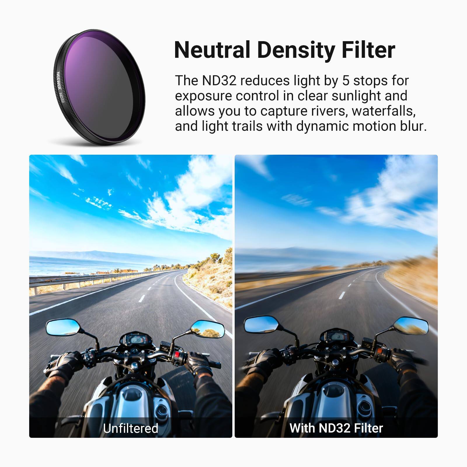 Neutral Density Filter

The ND32 reduces light by 5 stops for exposure control in clear sunlight and allows you to capture rivers, waterfalls, and light trails with dynamic motion blur.

Unfiltered | With ND32 Filter