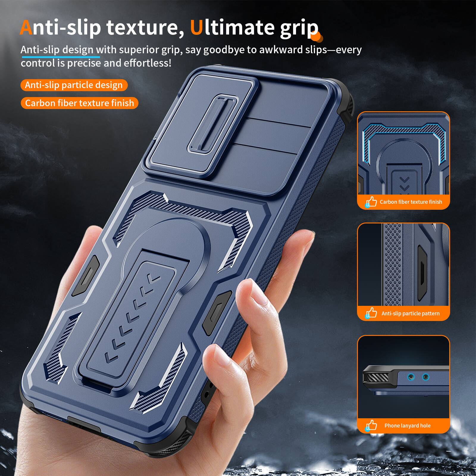 Anti-slip texture, Ultimate grip

Anti-slip design with superior grip, say goodbye to awkward slips—every control is precise and effortless!

Anti-slip particle design
Carbon fiber texture finish

Carbon fiber texture finish
Anti-slip particle pattern
Phone lanyard hole