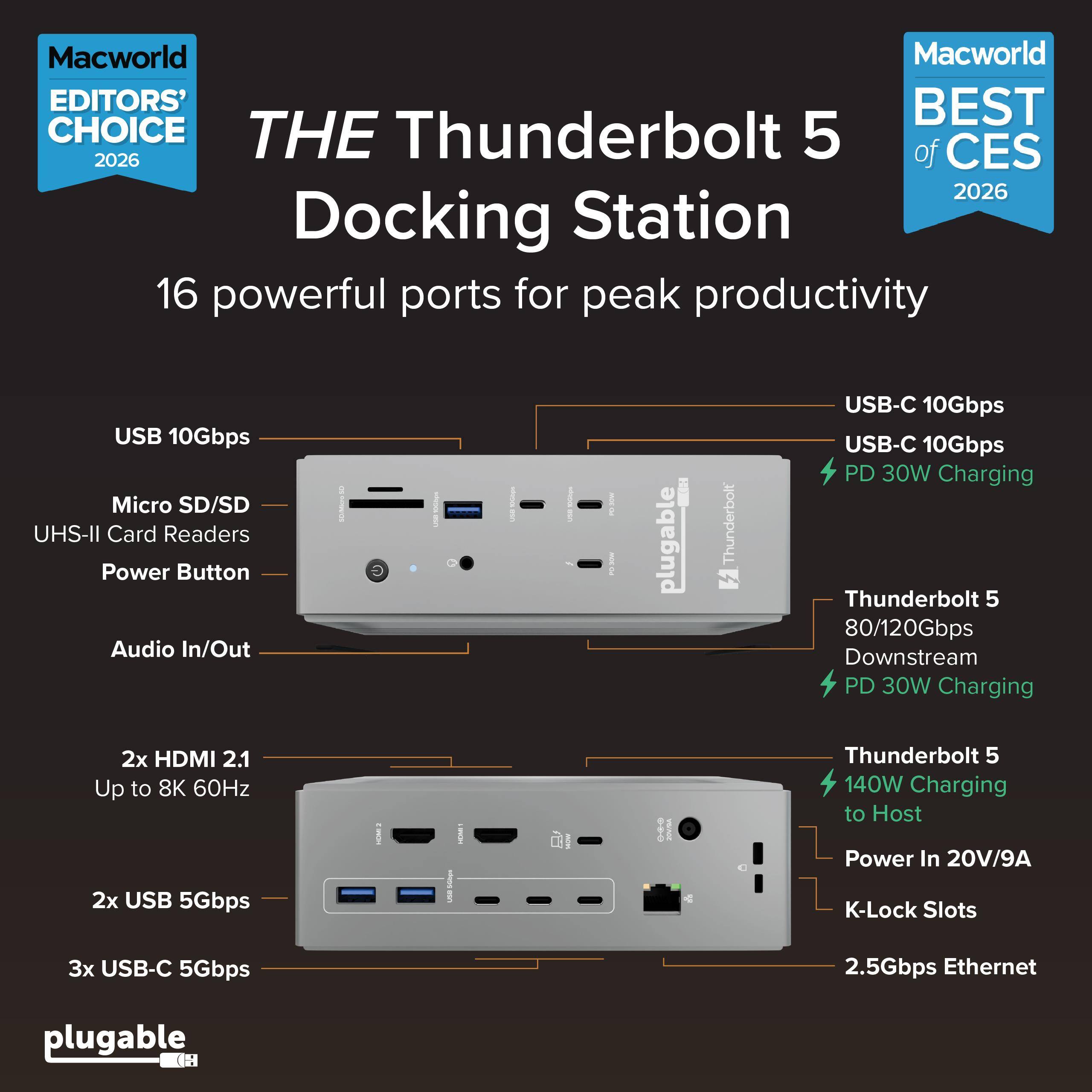 Macworld EDITORS' BEST CHOICE 2026

THE Thunderbolt 5 Docking Station

16 powerful ports for peak productivity

USB 10Gbps
Micro SD/SD UHS-II Card Readers
Power Button
Audio In/Out

2x HDMI 2.1 Up to 8K 60Hz
2x USB 5Gbps
3x USB-C 5Gbps

Thunderbolt 5 80/120Gbps Downstream
PD 30W Charging

Thunderbolt 5 140W Charging to Host
Power In 20V/9A
K-Lock Slots
2.5Gbps Ethernet

USB-C 10Gbps
USB-C 10Gbps
PD 30W Charging

plugable