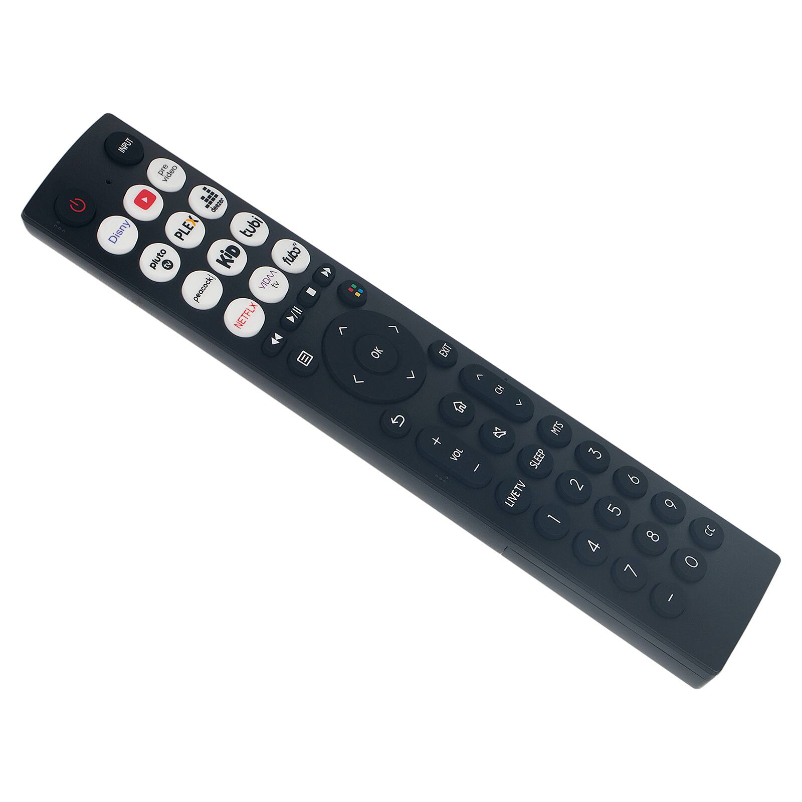 INPUT pre video A !!! deezer Disney PLEX tubi pluto A3 KiD fubo" A peacock/ VIDAA z : NETFLX D/II 7 7  OK EXIT L V 7 CH  es D' MTS + VOL SLEEP 3 I 2 6 LIVETV 5 9 1 8 CC 4 7 O I