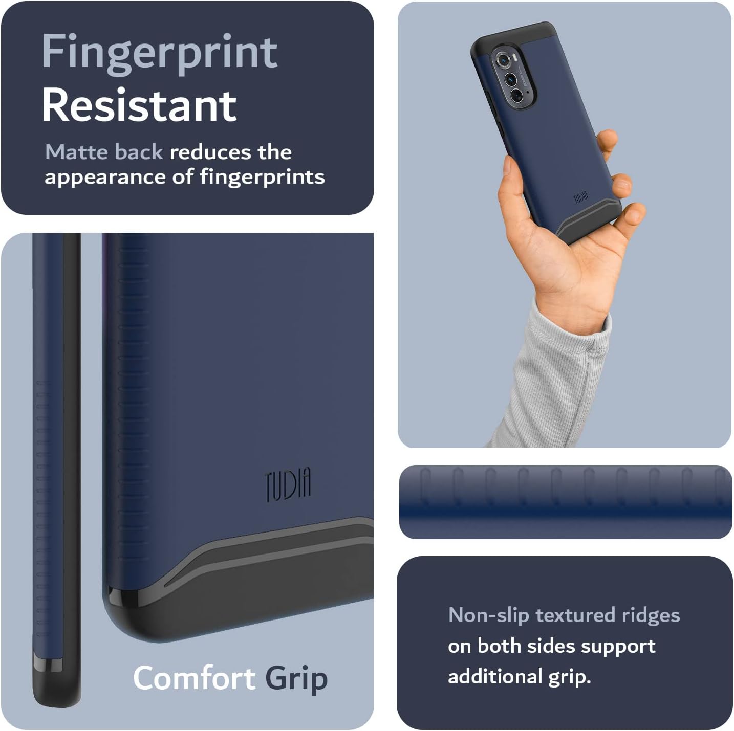 Fingerprint Resistant  
Matte back reduces the appearance of fingerprints  

Comfort Grip  
Non-slip textured ridges on both sides support additional grip.