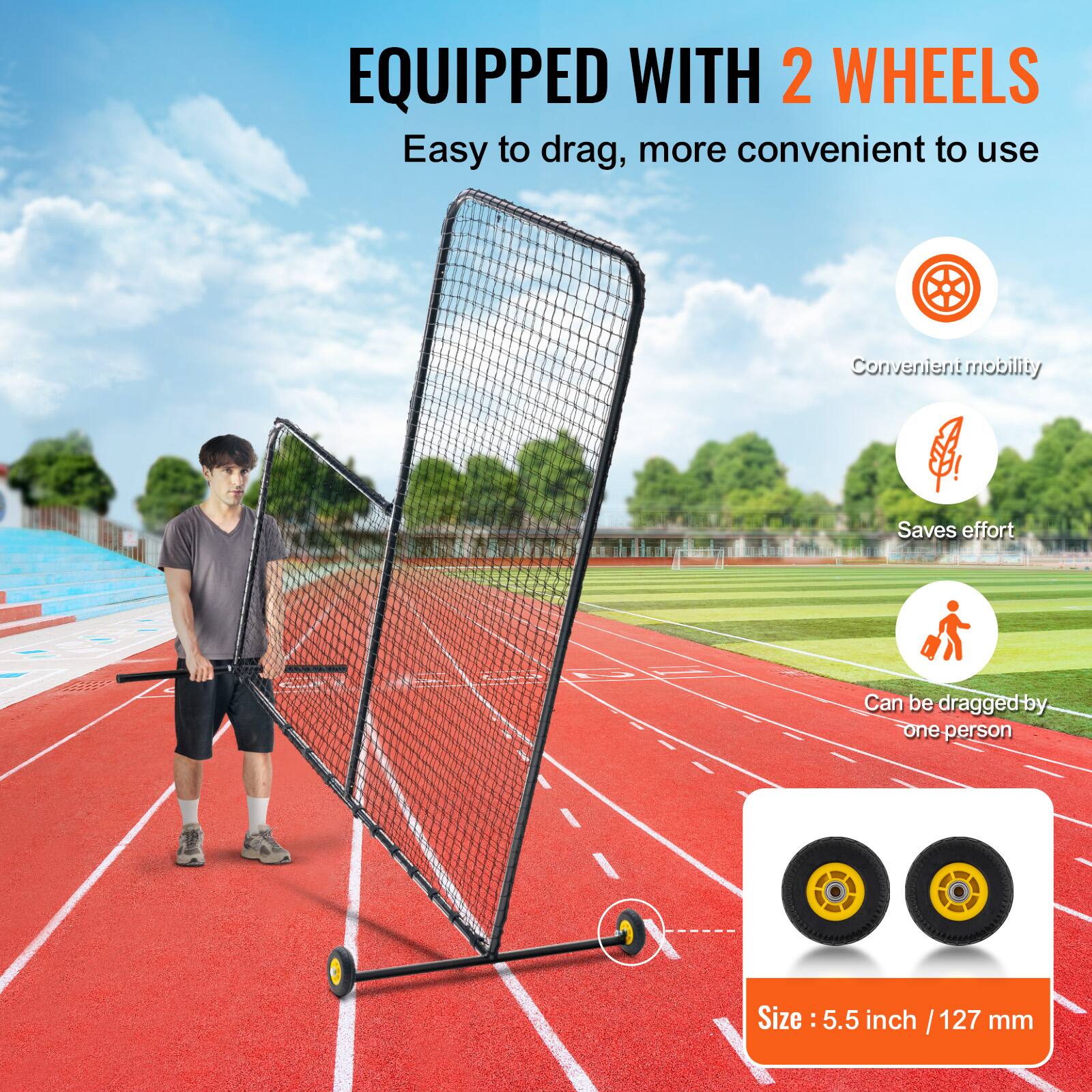 EQUIPPED WITH 2 WHEELS  
Easy to drag, more convenient to use  

- Convenient mobility  
- Saves effort  
- Can be dragged by one person  

Size: 5.5 inch / 127 mm