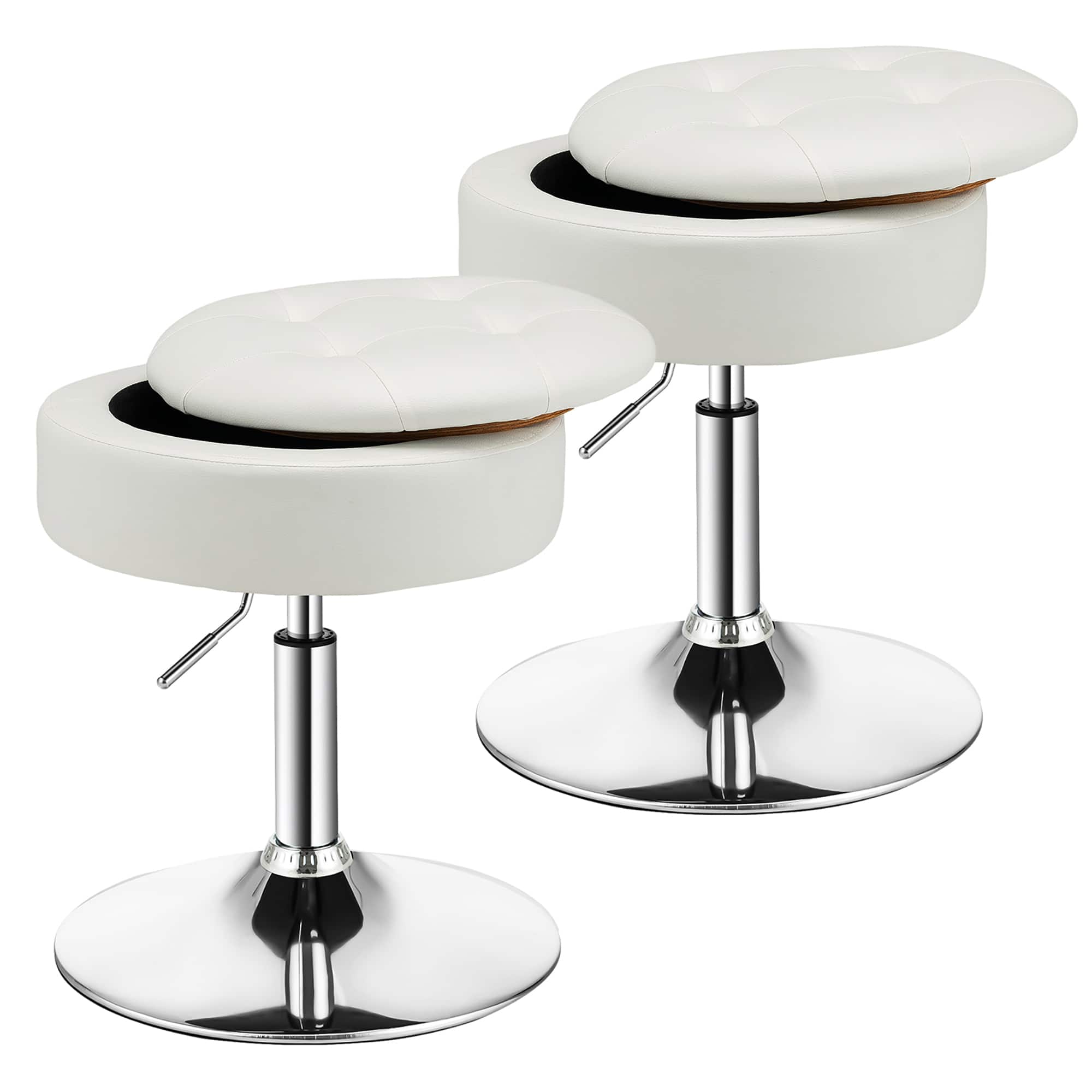 Costway - Set of 2 Adjustable Vanity Stool 360° Swivel Storage Makeup Chair with Tray - White