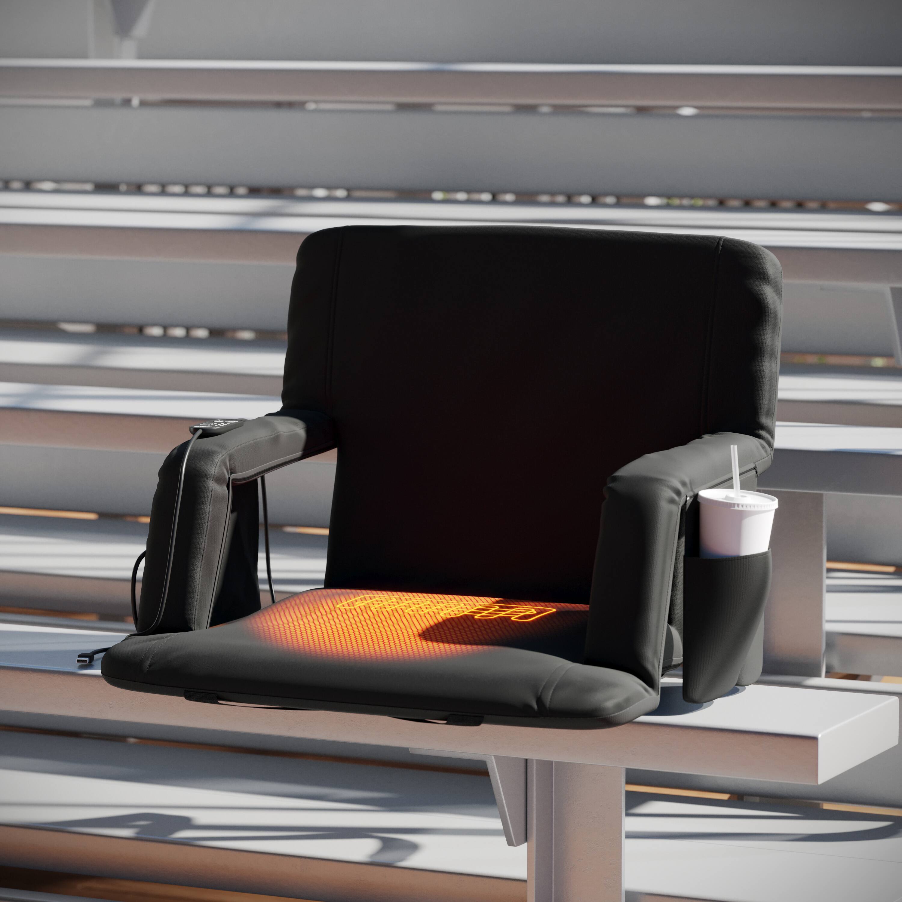 Alt View 4. Emma + Oliver - Extra Wide Foldable Reclining Heated Stadium Chair with Backpack Straps - Black.
