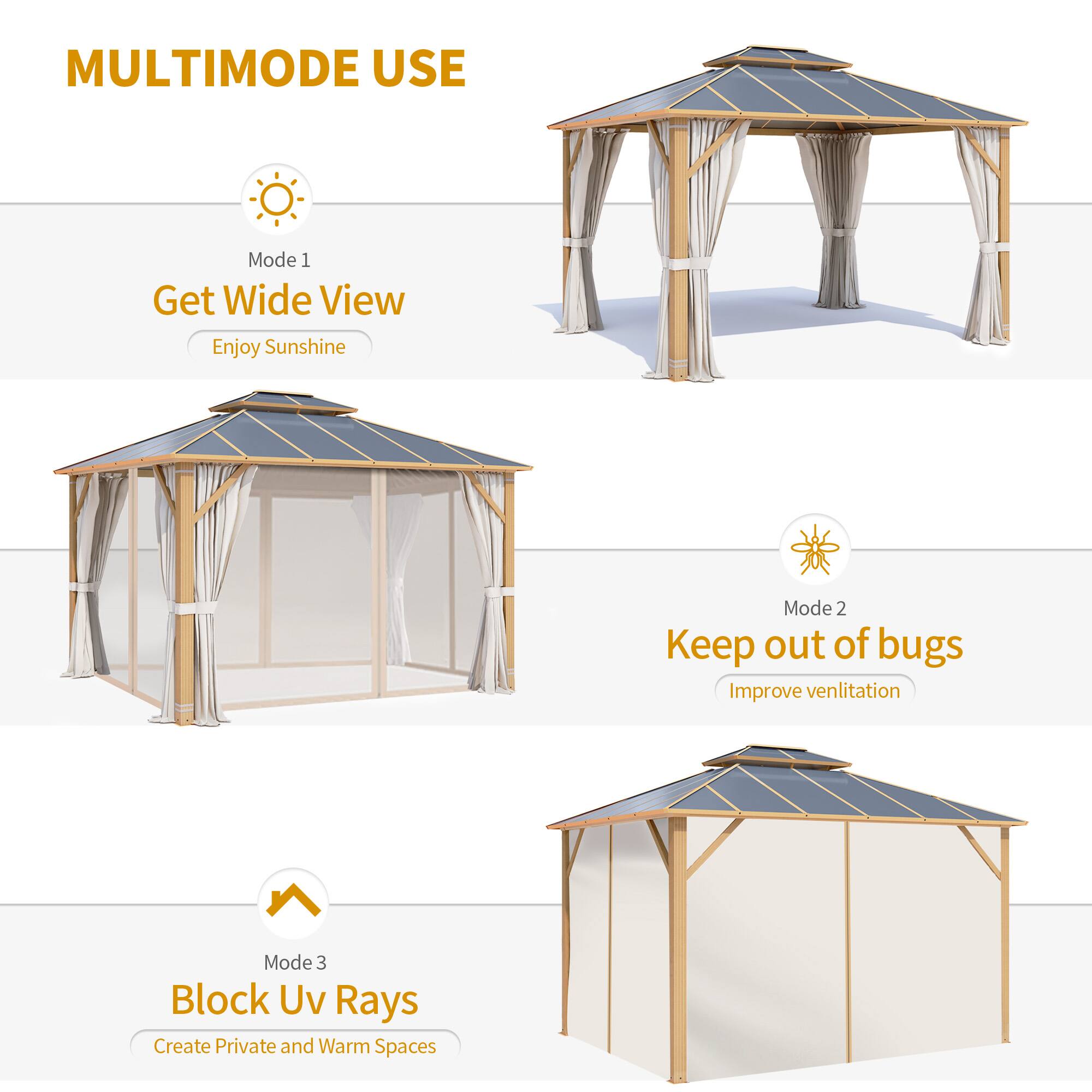 MULTIMODE USE
Mode 1 Get Wide View Enjoy Sunshine
Mode 2 Keep out of bugs Improve ventilation
Mode 3 Block Uv Rays Create Private and Warm Spaces